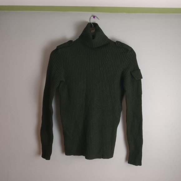 Army Green 100% Merino Wool Military Cargo Turtleneck Sweater, Forest Green, M - Picture 1 of 6